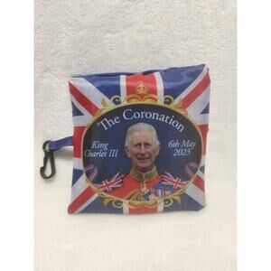 King Charles III Coronation 2023 Nylon Fold Up Tote Bag w/ Attached Pouch & Clip